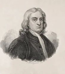 Newton, Sir Isaac (1642-1727). Engelsk matematiker, fysiker och astronom; GUADAGNINI, Gaetano (1800-1860). Italiensk gravör. Porträtt av Isaac Newton, verk av Gaetano Guadagnini. Gravyr. ITALIEN. LOMBARDY. Milano. Civica Raccolta delle Stampe "Achi