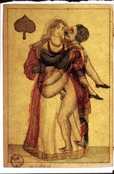 Gamla spelkort: erotisk scen. Musée de la Carte à Plouer, Issy-les-Moulineaux.