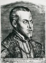 PHILIP II av Spanien (1527-1598). Kung av Spanien (1556-1598) och Portugal (1580-1598). Porträtt av Filip fortfarande som prins. Xylografi.