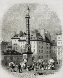 Paris, Paris. Vattenförsäljare framför fontänen på Place Chatelet (gravyr)