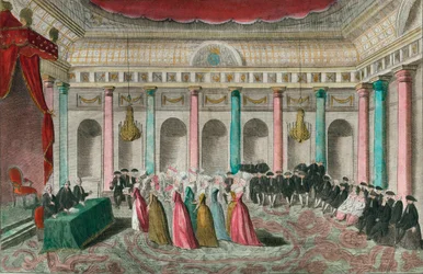 Patriotiska gåvor, 27 september 1789: de mest framstående konstnärernas hustrur infann sig i Nationalförsamlingen och ställde en ask fylld med smycken på bordet.