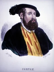 Porträtt av Hernan (eller Hernando) Cortes eller Fernand Cortez (1485-1547).