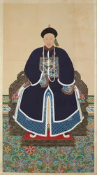 Porträtt av en hovman från Qing, möjligen Jing Shou (d.1889) (bläck och färg på siden)