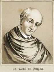 QUIROGA, Vasco de (1470-1565). Första biskopen i Michoacan, Mexiko och en av domarna (oidores) i den andra Audiencia som styrde Nya Spanien. Litografi.