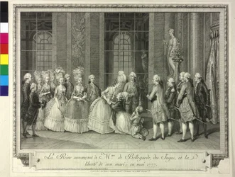 Drottning Marie Antoinette meddelar Madame de Bellegarde 1777 frigivningen av hennes make