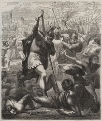 Framställning av Pelage, Asturiens erövrarkung, i triumf mot saracenerna, 719, Covadonga, Spanien"