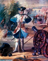 Framställning av en infanterigrenadjär från kung Ludvig XV:s (1723-1774) regemente, ca 1740, detalj, ca 1740 (olja på duk)