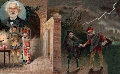 Rigoletto anlitar Sparafucile för att mörda hertigen - akt 3, scen 4 ur operan Rigoletto av Giuseppe Verdi