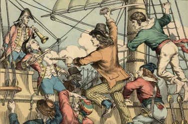 Robert Surcouf Fransk sjöman och korsfarare, här vid ombordstigning på engelska båten "Triton" 1796 (gravyr)