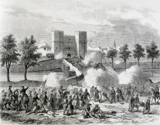 Spanien (1868). Den ärorika revolutionen. Anfall av regeringstrupperna i Serransporten i Valencia. Gravyr från "The Illustration. Jorinal Universal". Etsning