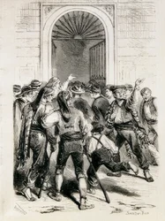 Spanien (1873). Utropandet av den första republiken och stormningen av Barcelonas rådhus (11 februari 1873). Etsning.