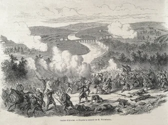 Spanien. Revolutionen 1868. Slaget vid Alcolea (20 september), som kulminerade i att Isabel II avsattes. Gravyr