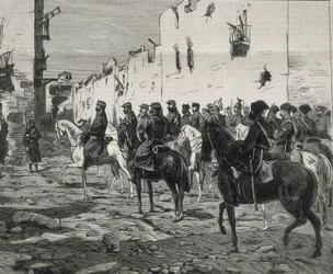 Spanien. Den första republiken (1873-1874). Kantonen Cartagena. Generalen Jose Lopez Dominguez i Cartagena efter kantonalisternas kapitulation. Bilden publicerad i "La Ilustracion Espanola y Americana". Etsning.