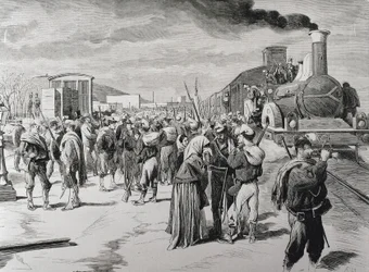 Spanien. Tredje carlistkriget. Avmarsch av en frikårsbataljon mot carlisterna från Barcelona. Bild ur "La Ilustracion espanola y americana" (8 april 1873). Gravyr