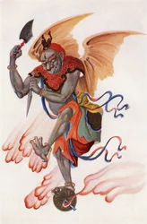 Åskguden, ur "Myths of China and Japan" av Donald A. Mackenzie (1873-1936) utgiven ca 1915 (färglitografi)
