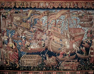 Den portugisiske sjöfararen Vasco de Gama (1459-1524) anlände till Calicut i Indien 1498, detalj, gobeläng