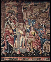 Den portugisiske sjöfararen Vasco de Gama (1459-1524) anlände till Calicut i Indien 1498, detalj, gobeläng