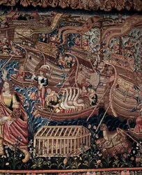 Den portugisiske sjöfararen Vasco de Gama (1459-1524) anlände till Calicut i Indien 1498, detalj, gobeläng