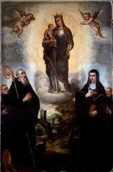 Jungfrun har barnet med Sankt Benedictus av Nursie och hennes syster Sainte Scolastique (skolastiker), grundare av benediktinerorden Anonym målning. Klostret Monte Cassino, Italien