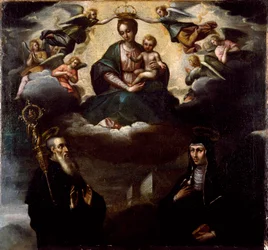 Jungfrun har barnet med Sankt Benedictus av Nursie och hennes syster Sainte Scolastique (skolastiker), grundare av benediktinerorden Anonym målning. Klostret Monte Cassino, Italien