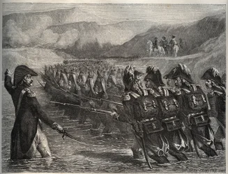 Första koalitionens krig - Tagliamentoflodens passage - Napoleon Bonaparte leder de franska styrkorna längs floden Tagliamento