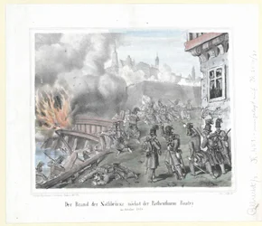 Branden i Nothbruecke nära Rothenthurm-bastionen i oktober 1848