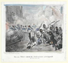 Den k. k. militären stormar Sternbarrickade i Jaegerzeile den 28 oktober 1848