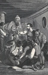 Trinidadborna Fray Juan Gil och Fray Anton de la Bella befriade Cervantes från fångenskapen i Alger 1580 (gravyr)