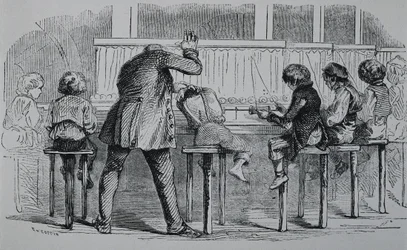 FÖRENADE KUNGARIKET. ENGLAND. Den industriella revolutionen. Barn använder maskiner i en textilfabrik. Gravyr.