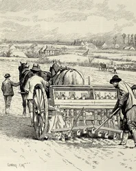 FÖRENADE KUNGARIKET. ENGLAND. Den industriella revolutionen. Borrmaskin uppfunnen av Jethro Tull. Sådd av korn i februari. Teckning av Gunning King publicerad i "The Illustrated London News". Gravyr.