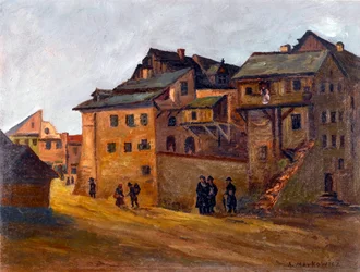 ""Utsikt över det judiska kvarteret i Krakow, Polen"" Judiska kvarteret i Krakow av Markowicz, Artur (1872-1934), - Olja på duk, 21x27,5 - Privat samling