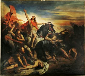 Slaget vid Tolbiac mellan alamanerna och frankerna av Siegbert ... (målning på duk)