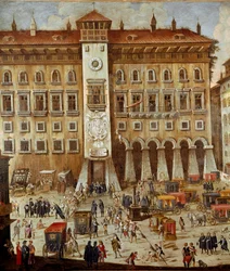 Platsen framför Vicaria-domstolen i Neapel under Masaniellos revolution. Brottslingar döms framför ingången, en man hänger i ett rep, detalj. Neapel, Museo Nazionale di San Martino