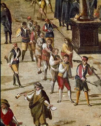 Platsen framför Vicaria-domstolen i Neapel under Masaniellos revolution. Brottslingar döms framför ingången - Detalj som visar en grupp straffångar fjättrade vid halsen - Ascanio Luciani (ca 1621-1706). Neapel, Museo Nazionale