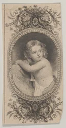 Sedelmotiv: ett barnporträtt och två mönstrade ovaler omgivna av ett blommigt f..., ca. 1824-37.