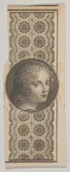 Sedelmotiv med ett flickhuvud härlett från Leonardo da Vinci mot ett mönster..., ca. 1824-37.