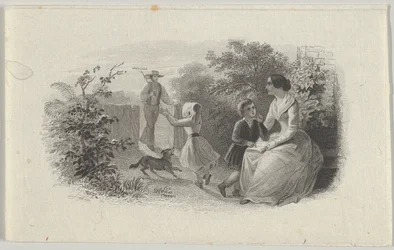 Sedelvinjett med familj i en trädgård, ca. 1824-37.