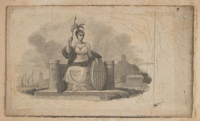 Sedelvinjett med kvinnlig figur som föreställer Amerika, ca. 1824-37.