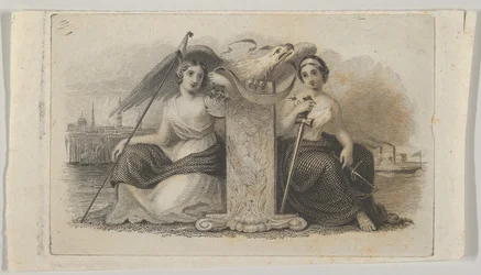 Sedelvinjett med kvinnliga figurer som representerar Liberty and Justice, ca. 1824-37.