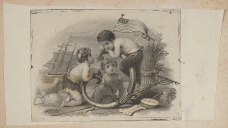 Sedelvinjett med tre puttar som herde, bonde och sjöman, ca. 1824-37.