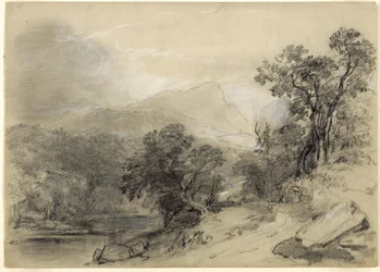 Studie för landskapskomposition: I Catskills, 1848 (grafit, vit krita, träkol och vit gouache med utradering och stubbning på khakipapper)
