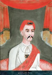Omvänd glasmålning av en indisk adelsman, från Indien eller Kina för den indiska marknaden (olja på glas)