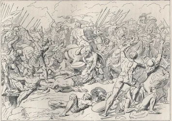 Peloponnesiska kriget: Slaget vid Potidee (La battaglia di Potidea) där den grekiske filosofen Sokrates räddade hans liv i Alcibiade. (Engraving d