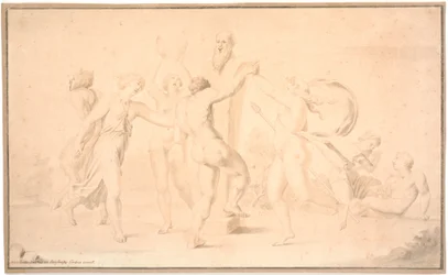 Bakre kanal. En satyr, en hind och tre hindar dansar om Priapsherme