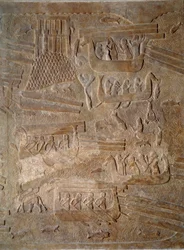 Art Mesopotamia (Assyrien): innergård till palatset till kungen av Assyrien Sargon II (721 - 705 f.Kr.) transport av cederträ från Libanon. Paris, Louvren