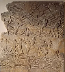 Orientalisk konst från antiken: stridsscen. Låg relief av Assurbanipalpalatset, Assyrien (600-talet f.Kr.). Paris, Louvren
