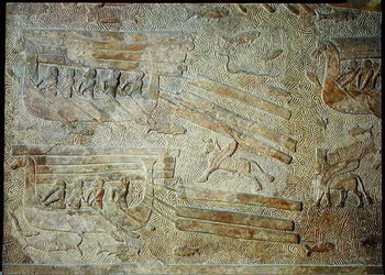 Relief som visar fartyg som transporterar trä, från Palace of Sargon II, Khorsabad, Irak