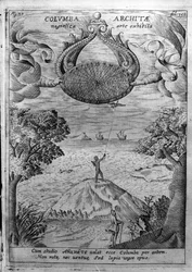 Archytas av Taranto (435-347 f.Kr.) flyger en träduva. Gravyr från "Mundus Subterraneus" av Athanasius Kircher (1601-1680), jesvit, orientalist och lärd.
