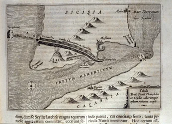 Kartografisk representation av Charybde"" och "Scylla"" i Detroit of Messina, Sicilien""" Gravyr från "Mundus Subterraneus"" av Athanasius Kircher (1601-1680), jesvit, orientalist och forskare 1682