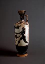 Grekisk konst: "" Herakles och Atlas"" Atlas Detail. Lekythos (lecyth) vit realiserad av målaren av Athena (450-400 f.Kr.). Aten, Arkeologiska museet